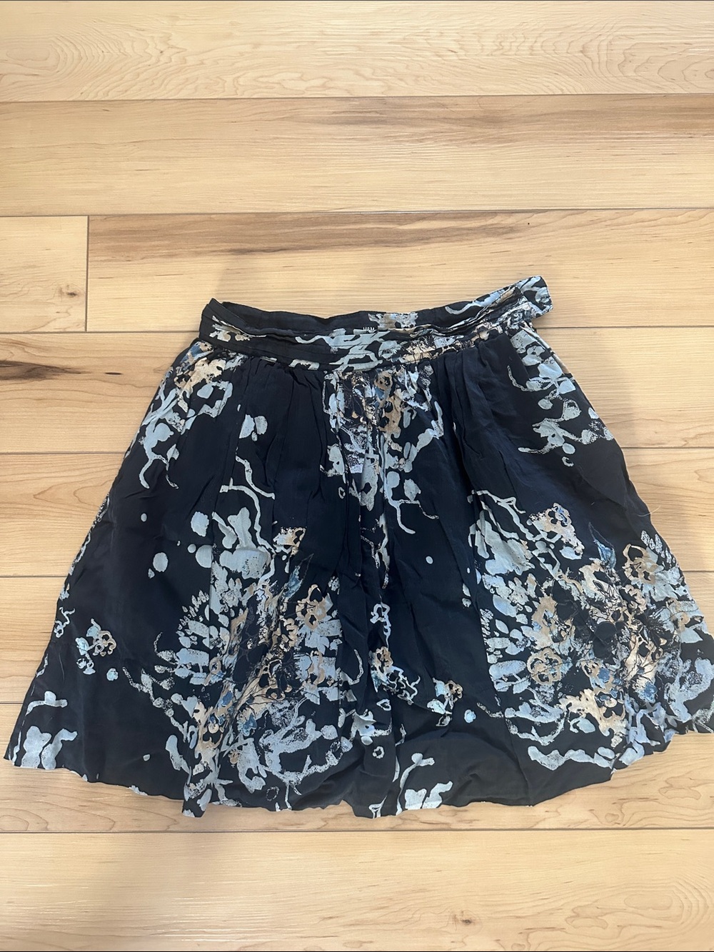 H&M Black Floral-Print Skater Skirt with Blue and Tan Accents